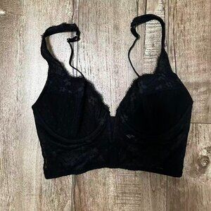 Victoria’s Secret Black Lace Longline Bra 34C Polka Dot Corset Style